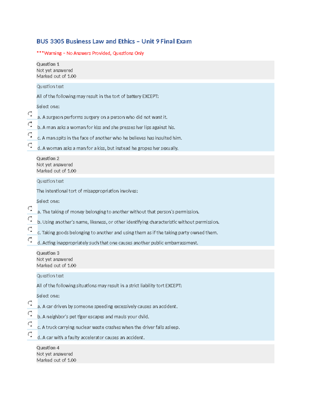 BUS 3305 Business Law And Ethics Final Exam 9 - BUS 3305 Business Law ...