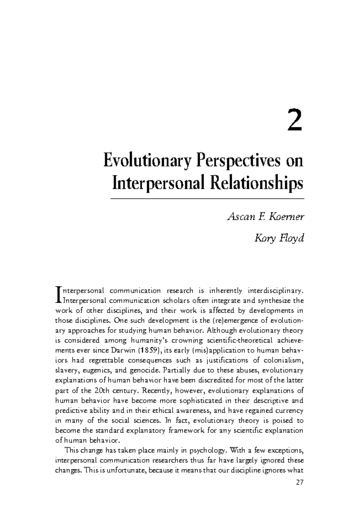 Extra reading of approaches of interpersonal research - 2 Evolutionary ...