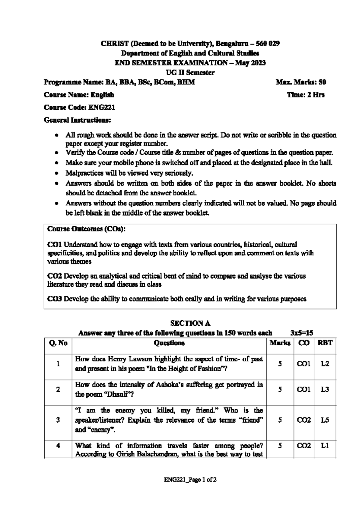 English 1 - QUESTION PAPER - English - II - Studocu