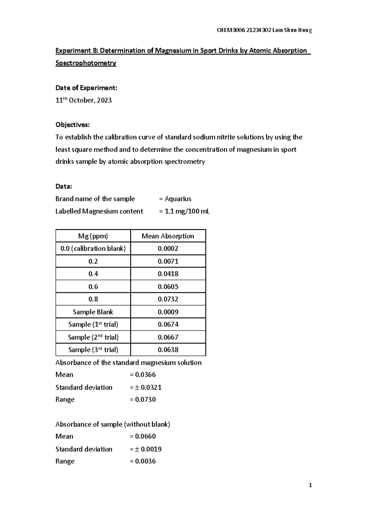 Experiment 8 Report lab 8 Experiment 8 Determination of Magnesium