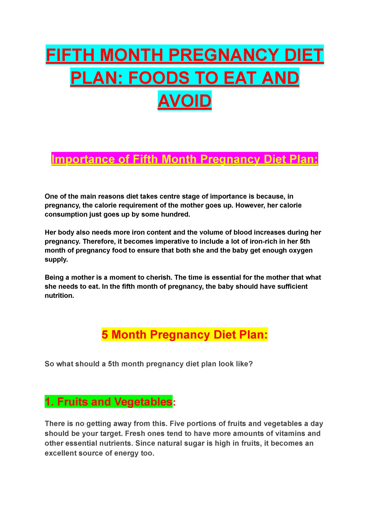 Fifth Month Pregnancy DIET PLAN Foods TO EAT AND Avoid FIFTH MONTH 