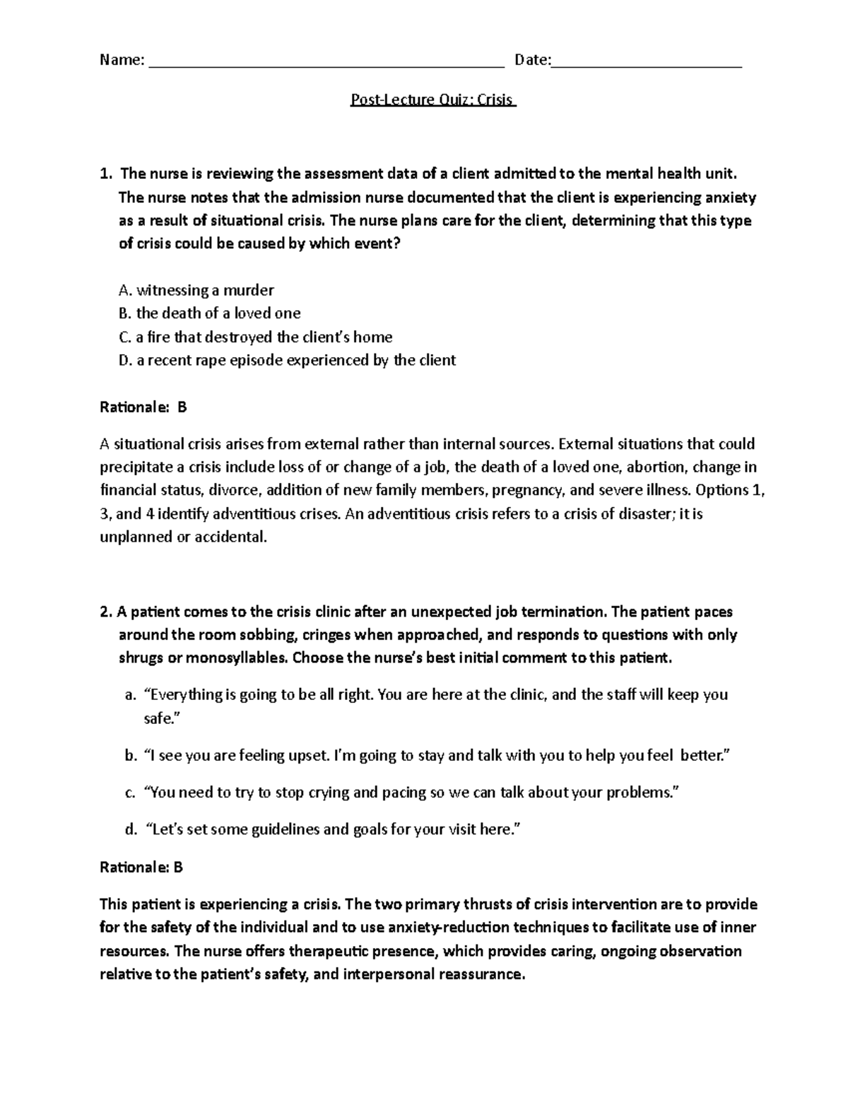 Crisis.Disaster Quiz A take home quiz on crisis intervention Post