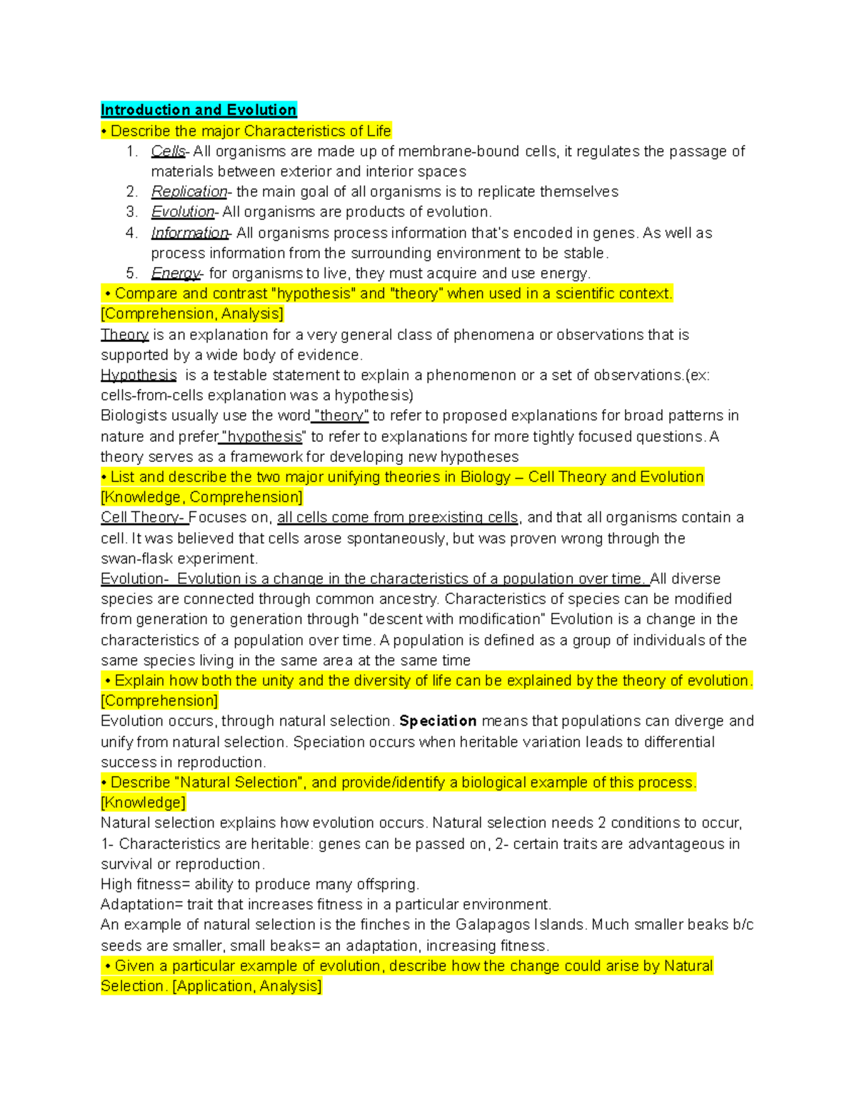 Biol-1000 Test 1 Review - Introduction and Evolution Describe the major ...