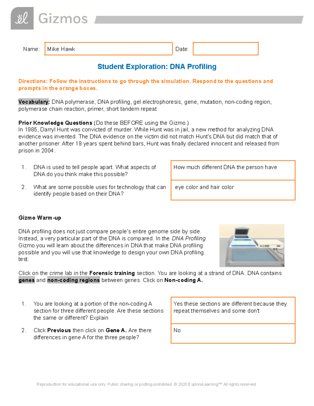 DNAProfiling Gizmo - Name: Mike Hawk Date: Student Exploration: DNA ...