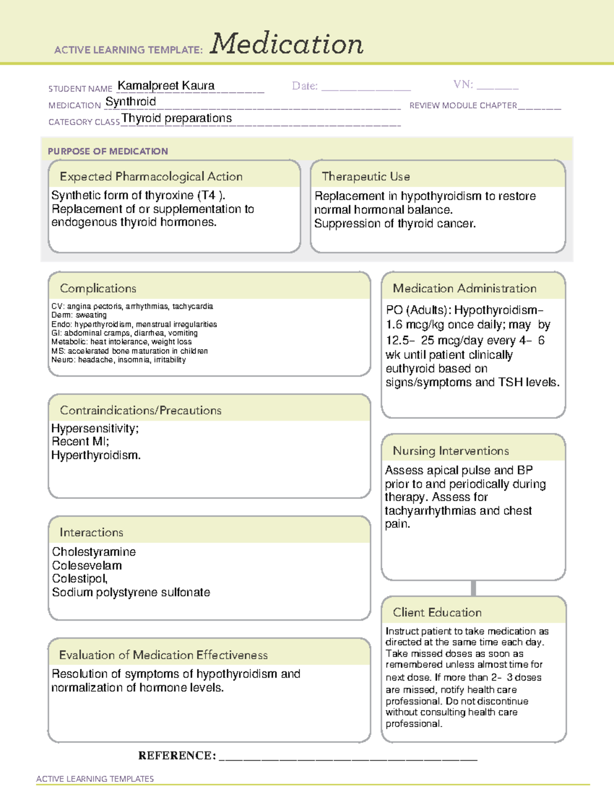 Synthroid ATI Template. ACTIVE LEARNING TEMPLATES Medication