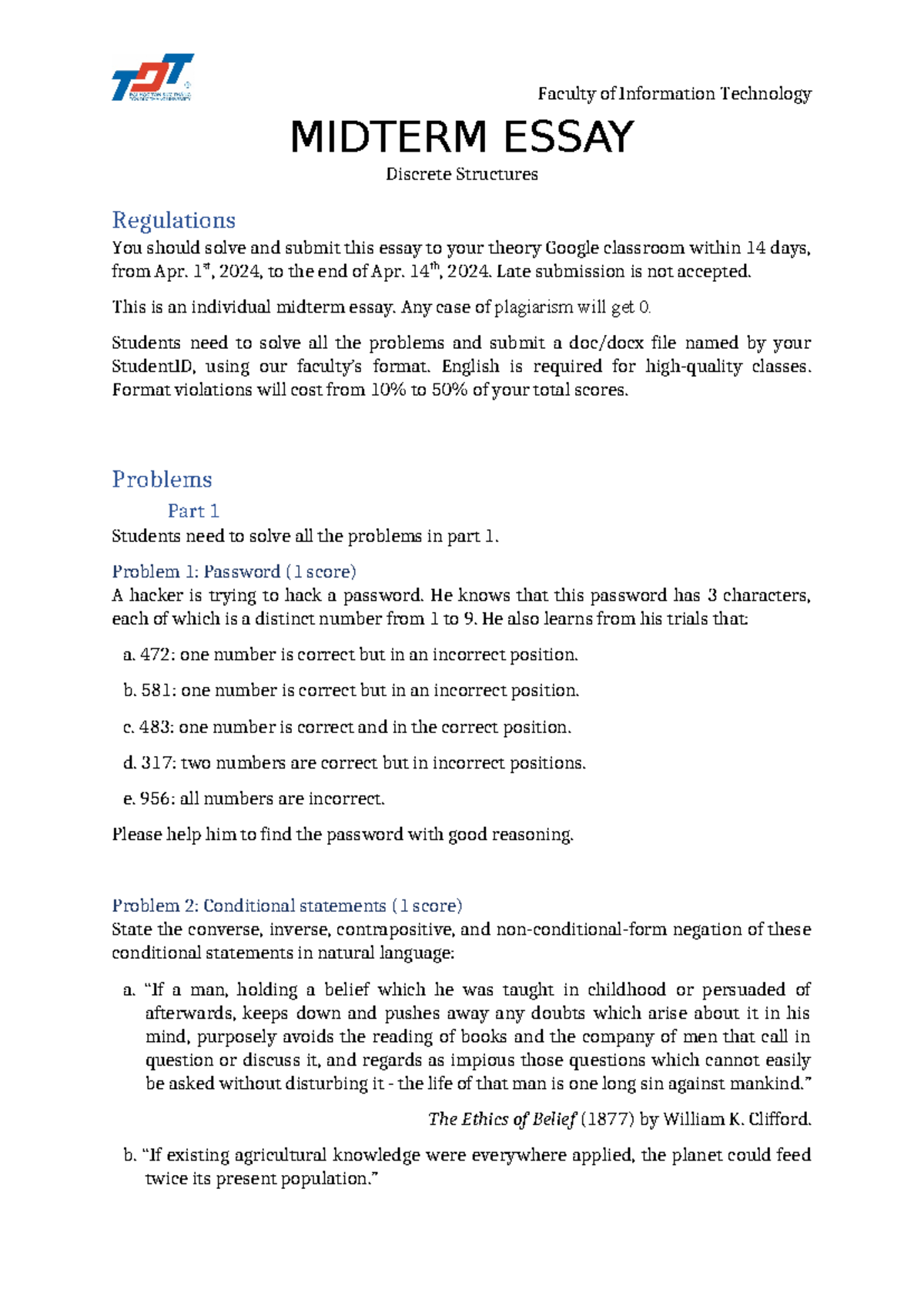 Midterm Essay 2024 - Đề bài tiểu luận giữa kỳ - MIDTERM ESSAY Discrete ...