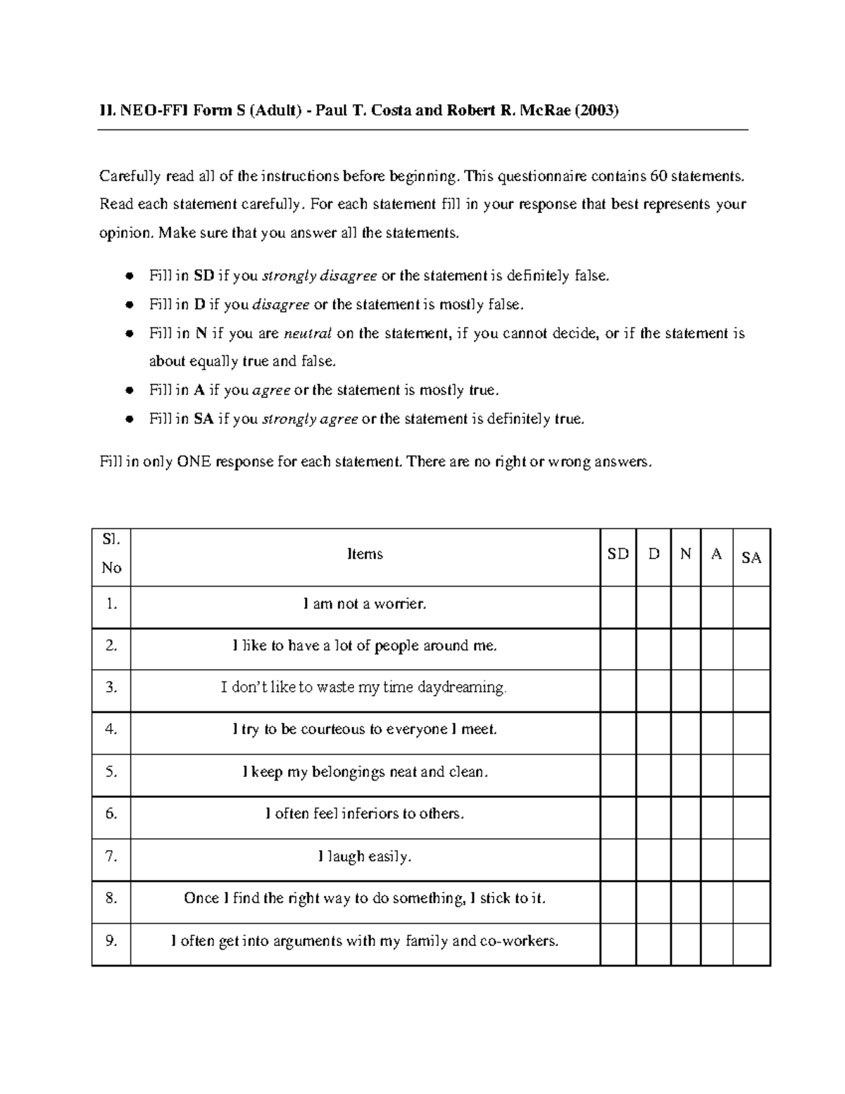 Neo FFI - NEO Five-Factor Inventory-3 - II. NEO-FFI Form S (Adult ...