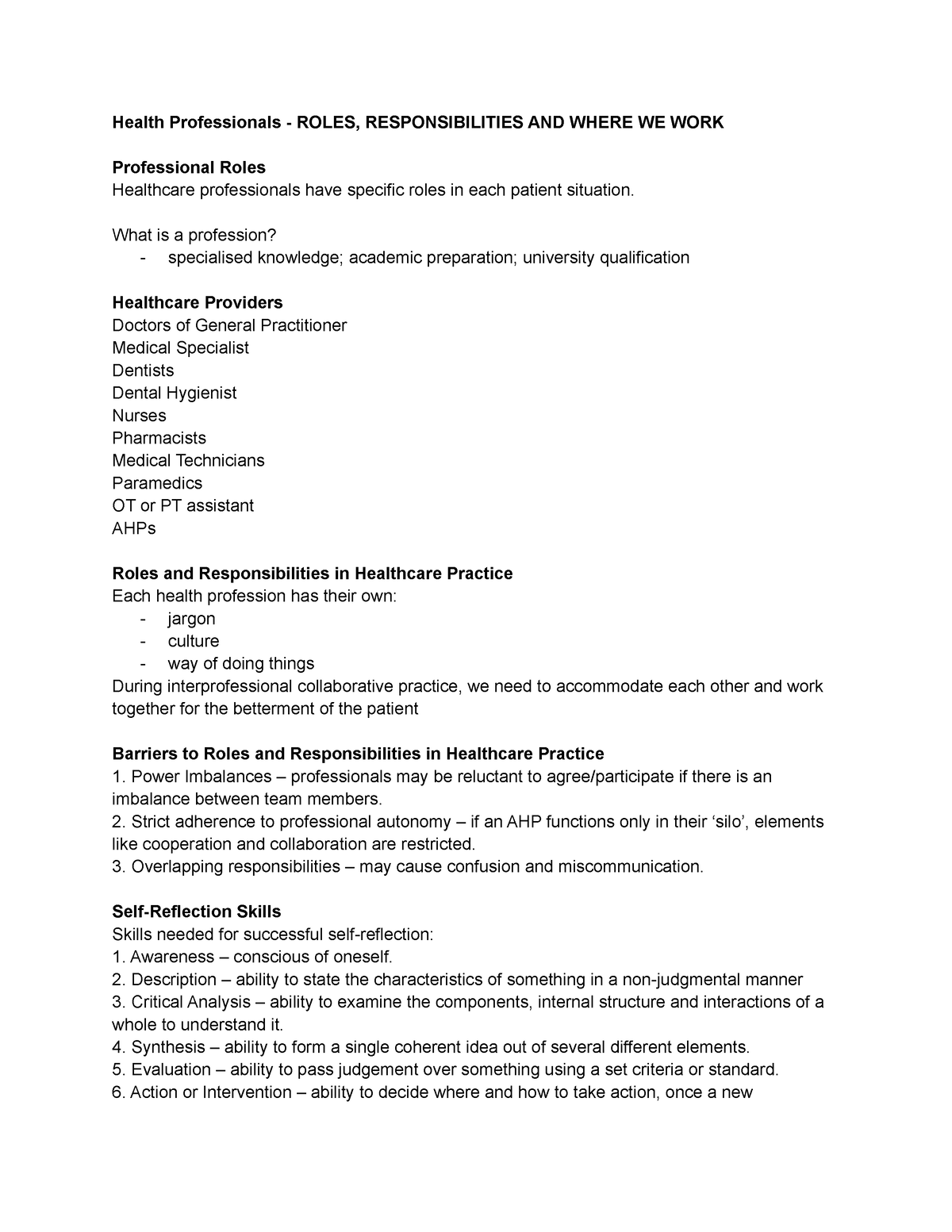 Health Professionals - Roles, Responsibilities And Where We Work - Health  Professionals - Roles, - Studocu