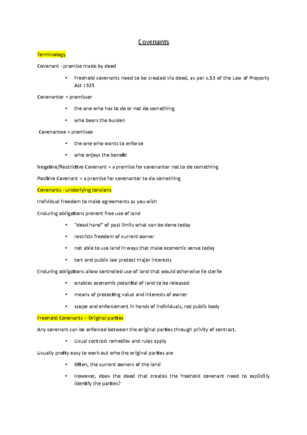 Covenants This is the Lecture notes for the English Property Law