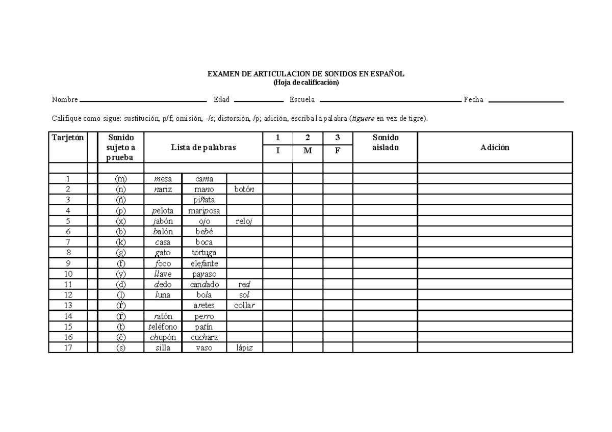 Hoja de calificacion Melgar - EXAMEN DE ARTICULACION DE SONIDOS EN