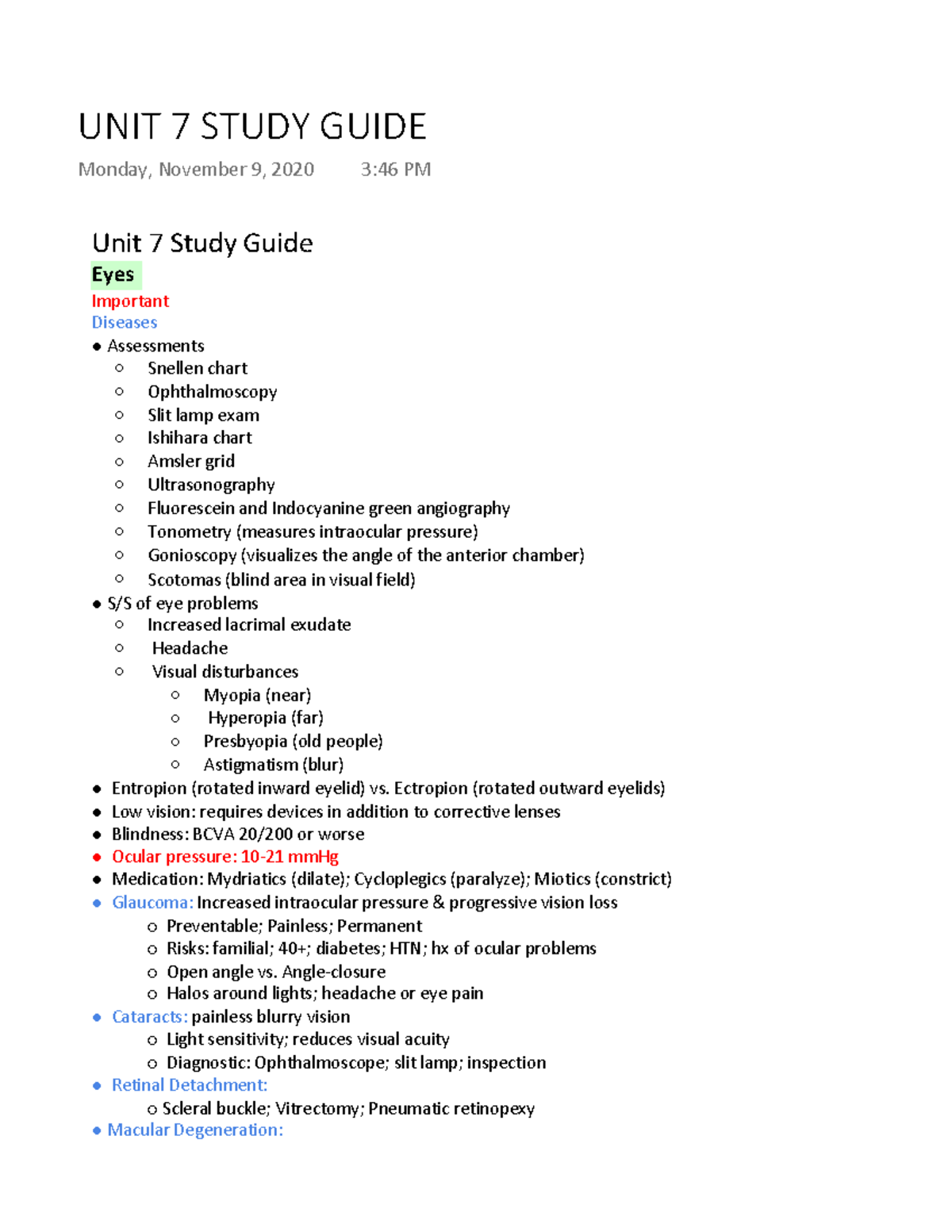 UNIT 7 Study Guide level 2 - Unit 7 Study Guide Eyes Important Diseases ...