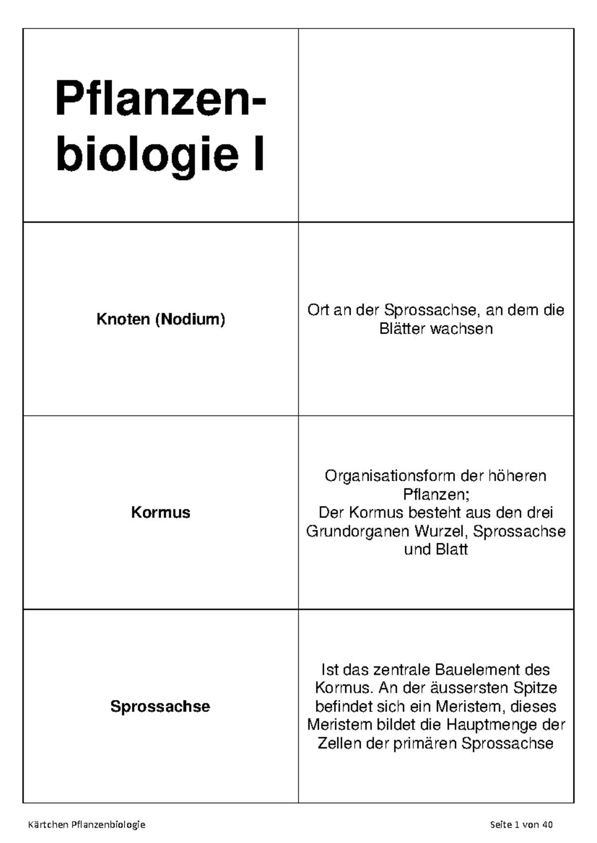 Lernkarten Pflanzenbiologie Pflanzen biologie I Knoten (Nodium) Ort