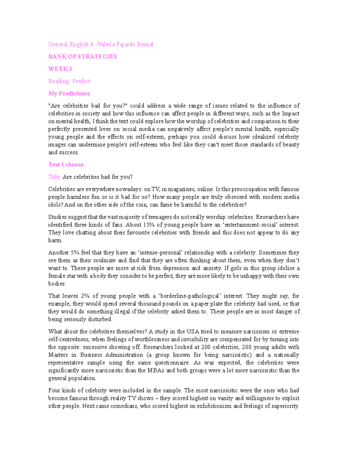 My Strategies 4 Week 1 Estrategias semanales General English 4 Valeria Fajardo Bernal BANK