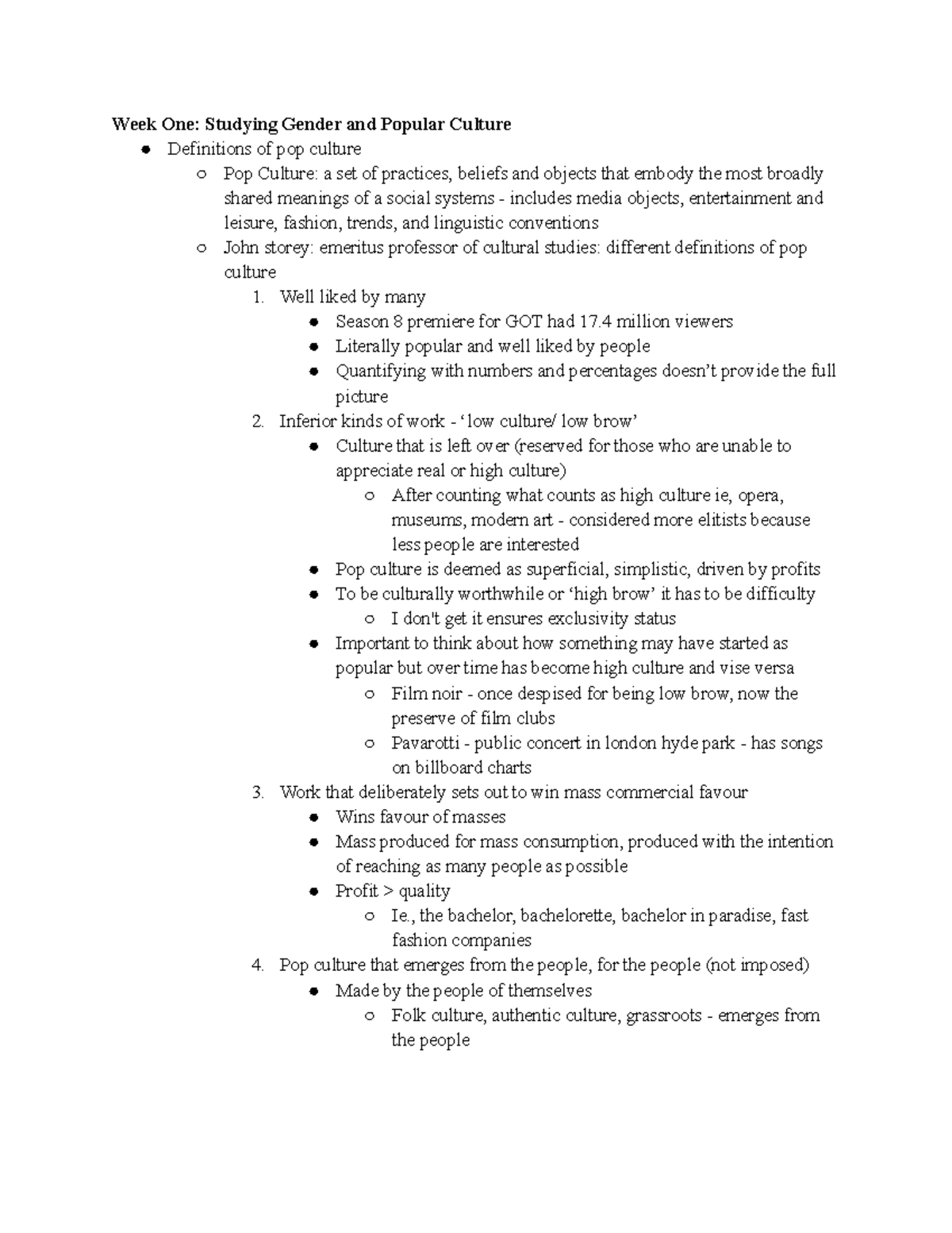 WS 2161 - Lecture notes 1-4 - Week One: Studying Gender and Popular ...