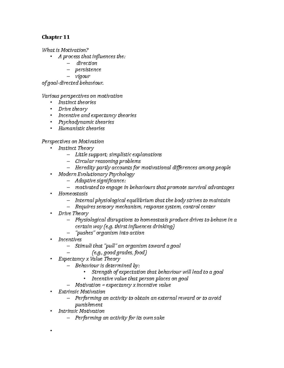 PSYC 102 Ch11 Notes - Chapter 11 What is Motivation? - A process that ...