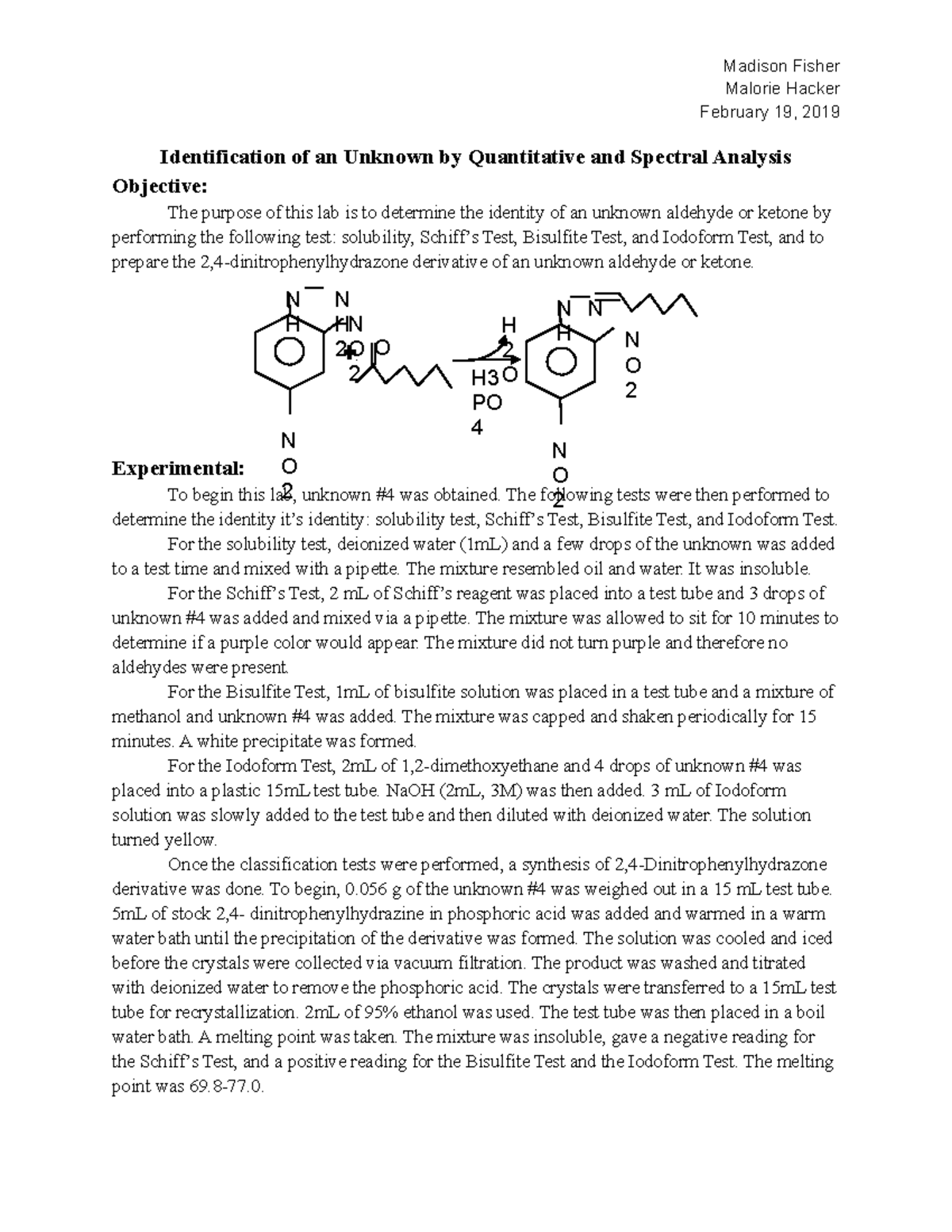 Orgo 2 Lab 3 Lab report for Aldehydes and Ketones Identification of