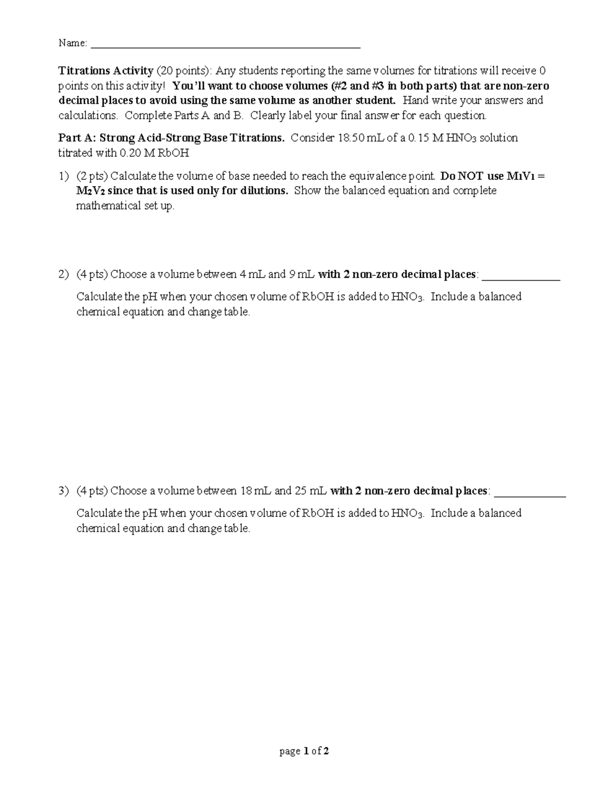 Titrations Activity - Hand write your answers and calculations ...
