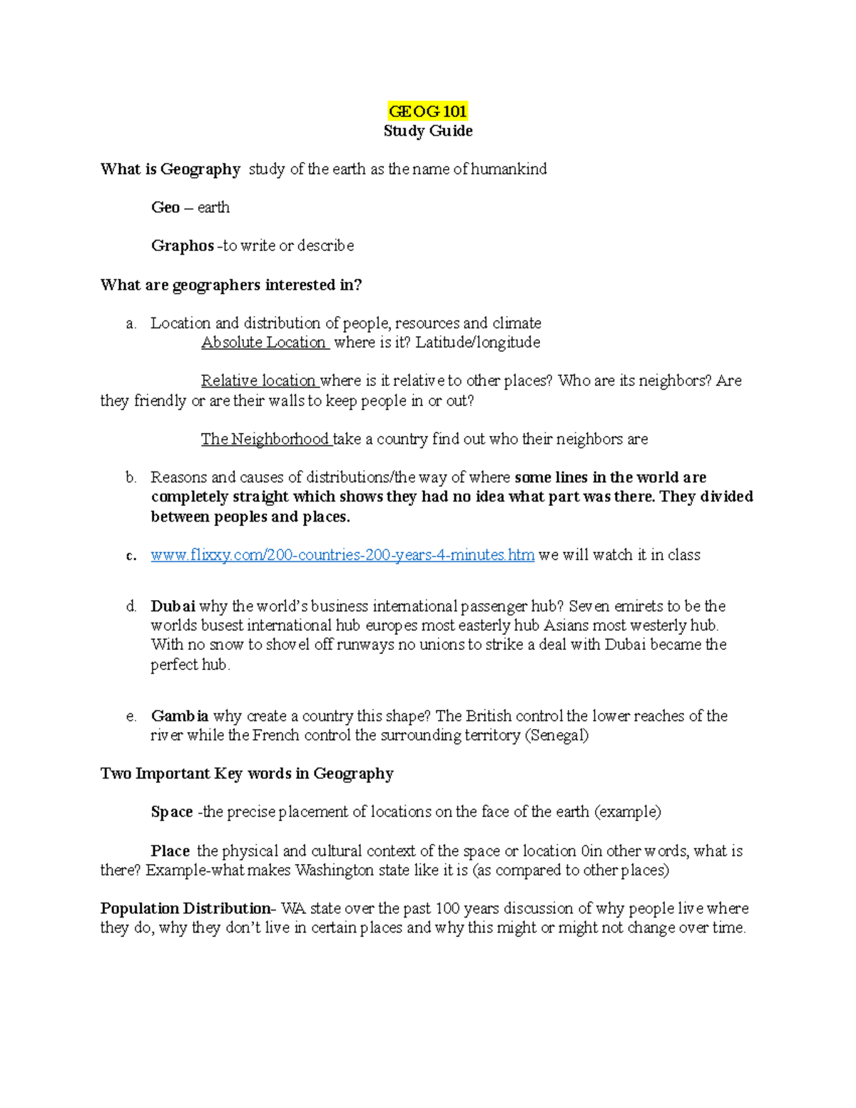 Study Guide 1 - GEOG 101 Study Guide What Is Geography Study Of The ...