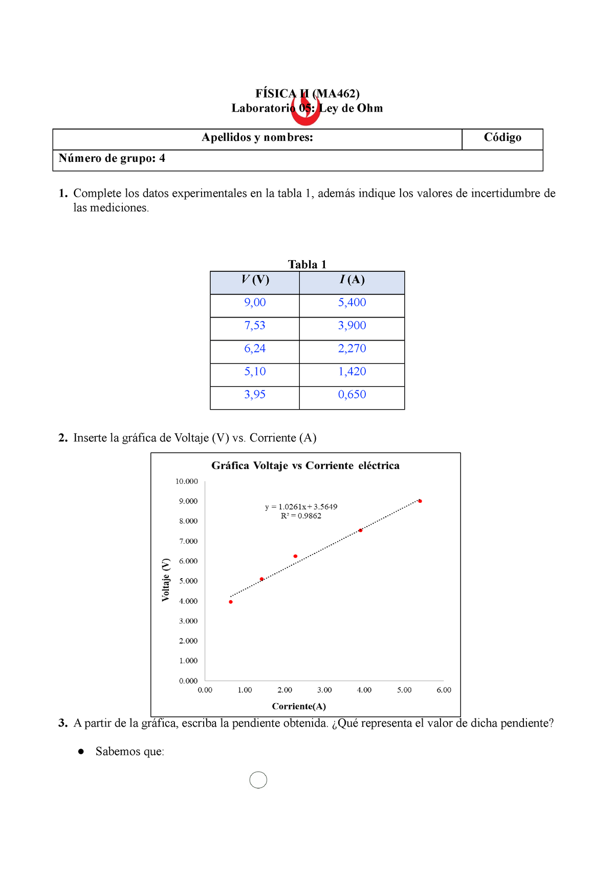 Laboratorio 05 Ley De Ohm - FÍSICA II (MA462) Laboratorio 05: Ley De ...