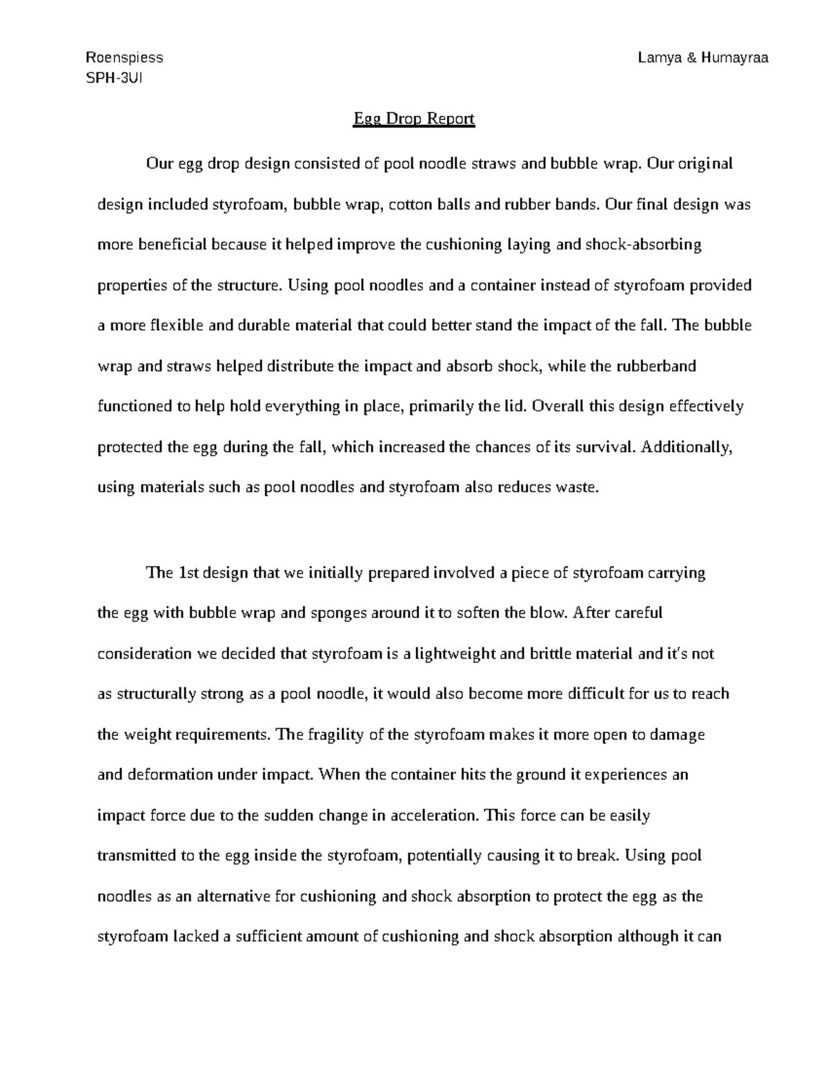 Egg Drop Report (Print) Google Docs SPH3UI Egg Drop Report Our egg