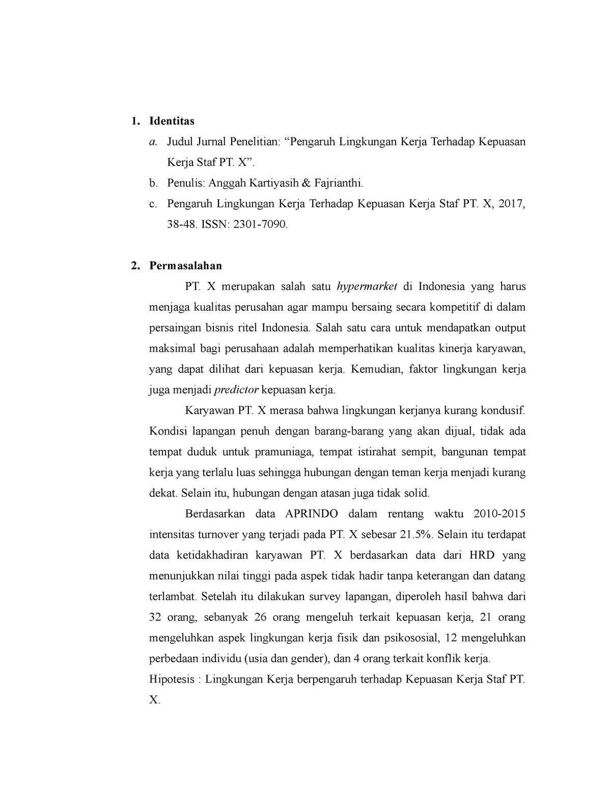 Review Jurnal Pengaruh Lingkungan Kerja Terhadap Kepuasan Kerja Staf Pt X Identitas A Judul 