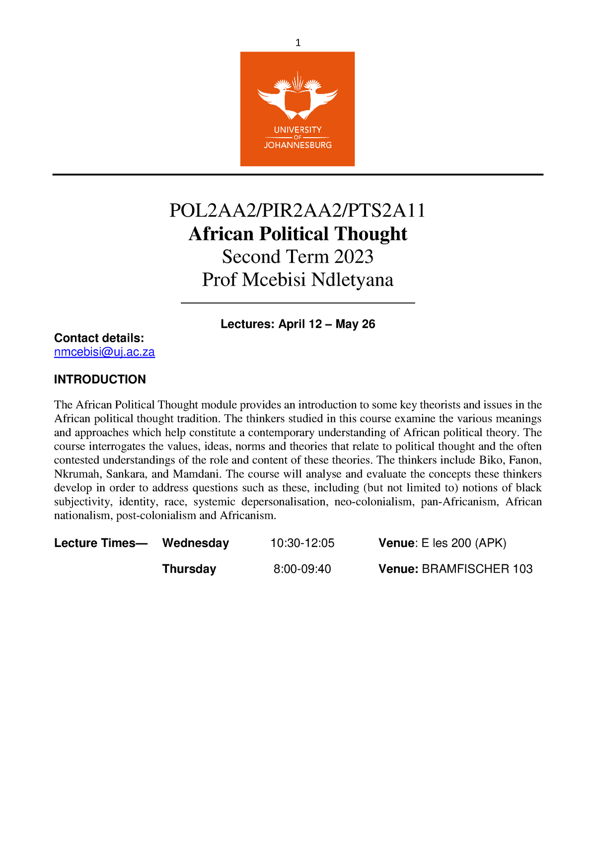 African Political Thought Politics 2A Course Outline 2023 POL2AA2   Thumb 1200 1697 