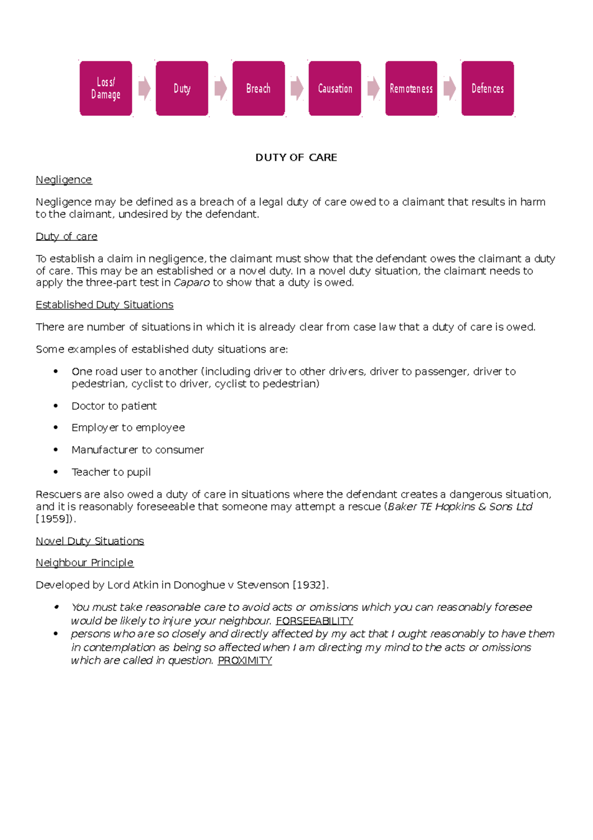 BPP Tort 1 pre workshop notes - DUTY OF CARE Negligence Negligence may ...