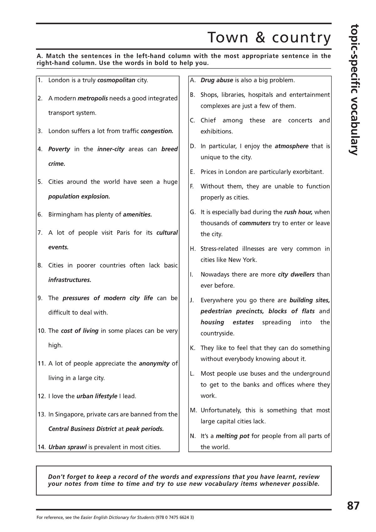 Ielts Vocabulary Exercises (Town and Country) - Town & country topic