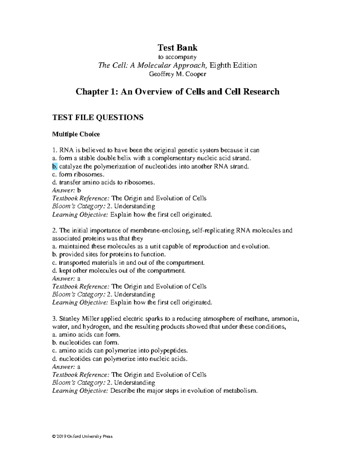 The Cell 8e Ch01 Test Bank - Test Bank To Accompany The Cell: A ...