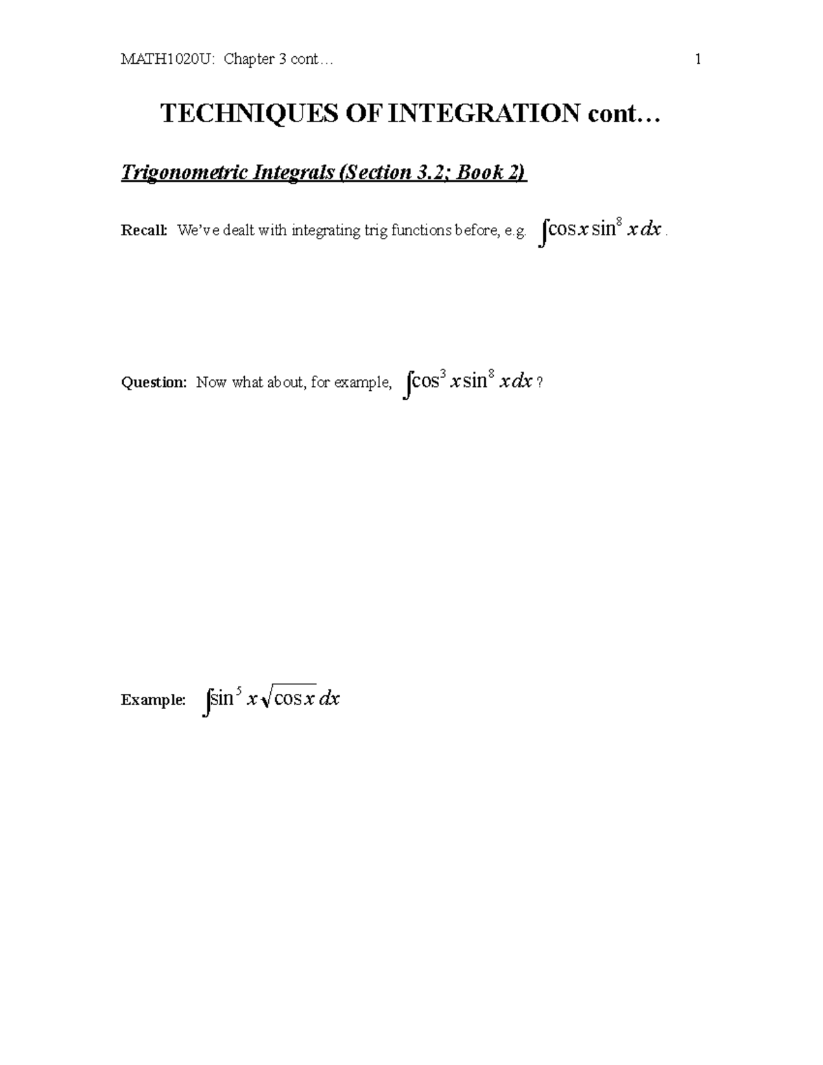 Mod1b trigint - Lecture notes 2 - TECHNIQUES OF INTEGRATION cont ...