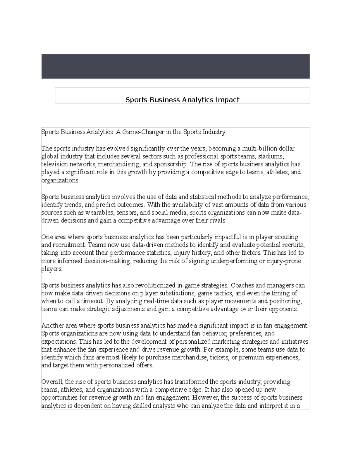 Sports Business Analytics - The rise of sports business analytics has ...