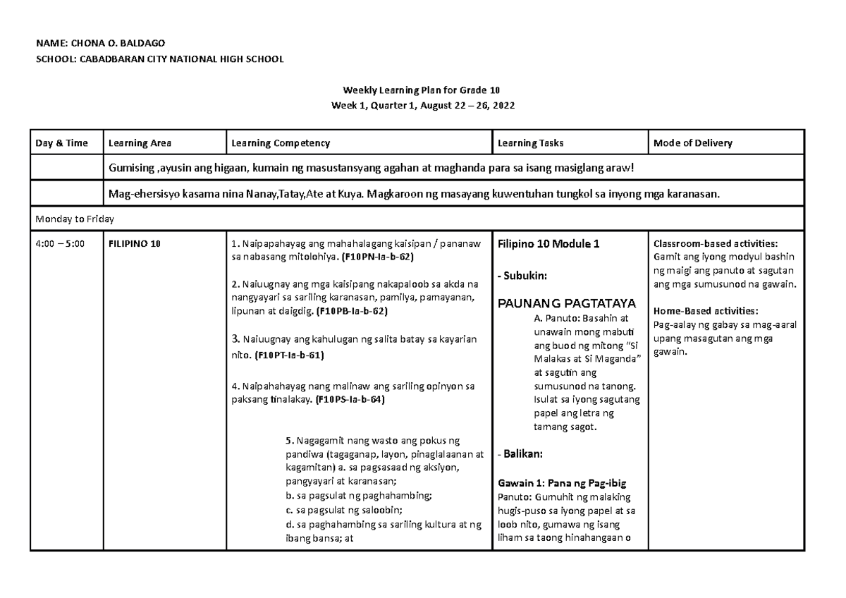 WHLP FIL 10 Weekly Learning Plan In Filipino NAME CHONA O BALDAGO 