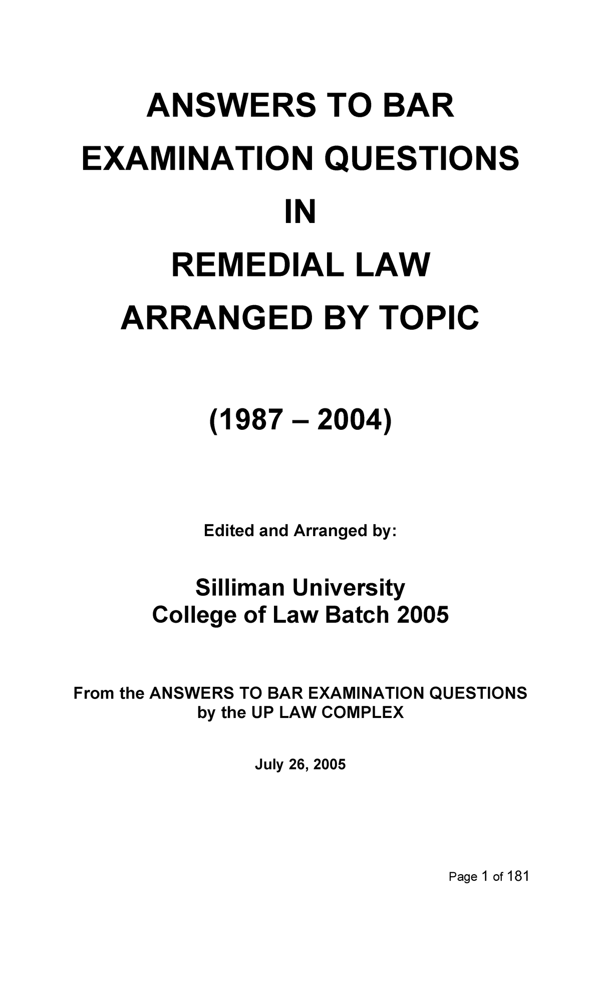 Remedial Q&A 1987 to 2004 - ANSWERS TO BAR EXAMINATION QUESTIONS IN ...