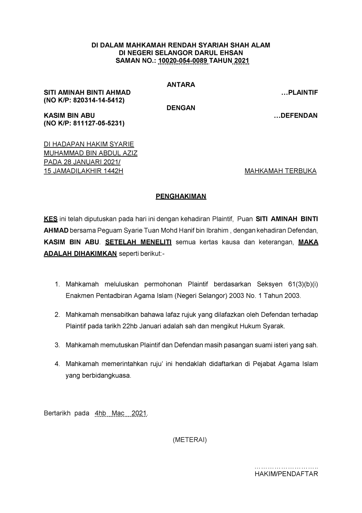 Contoh Surat Perintah Mahkamah Syariah 