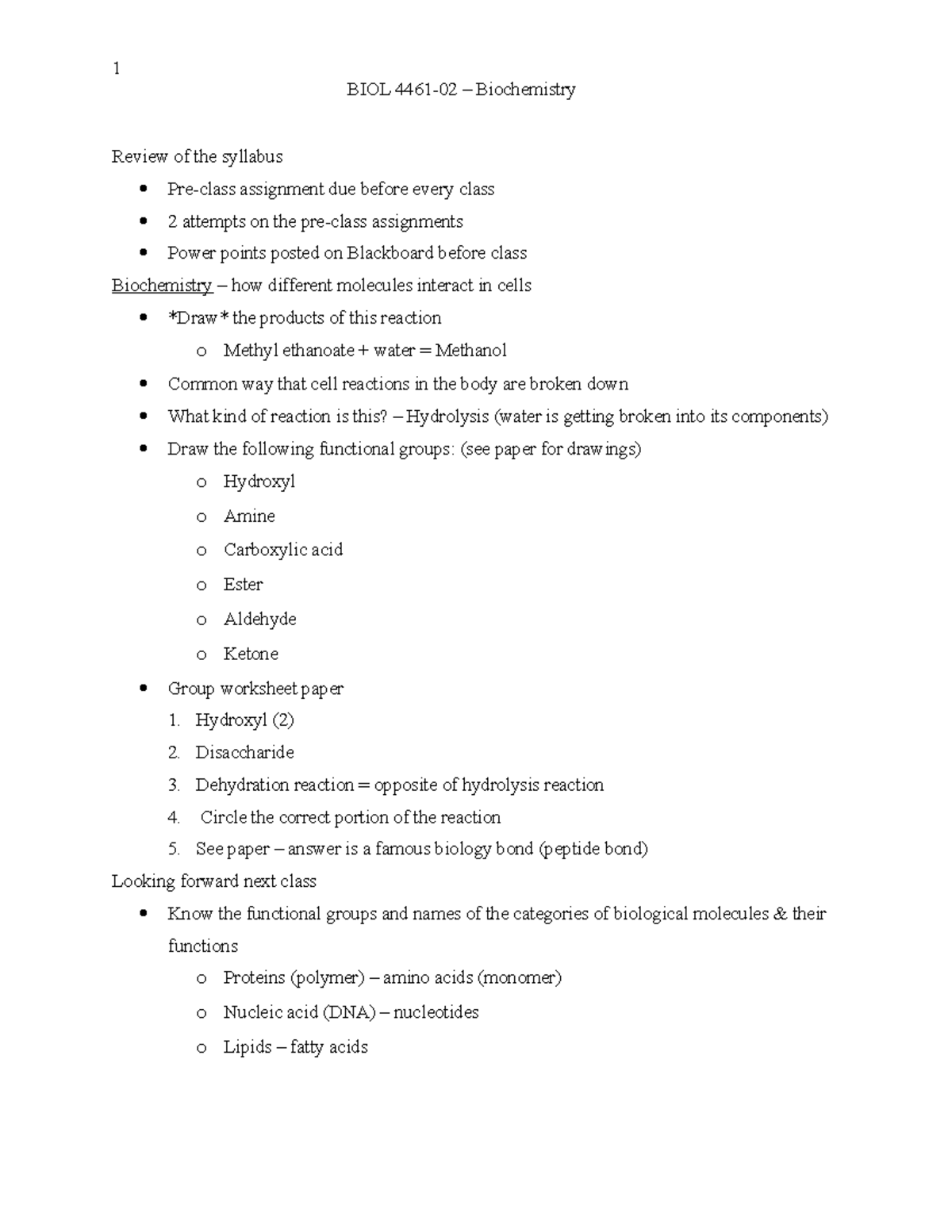 Notes 8-26 - 1 BIOL 4461-02 – Biochemistry Review of the syllabus Pre ...
