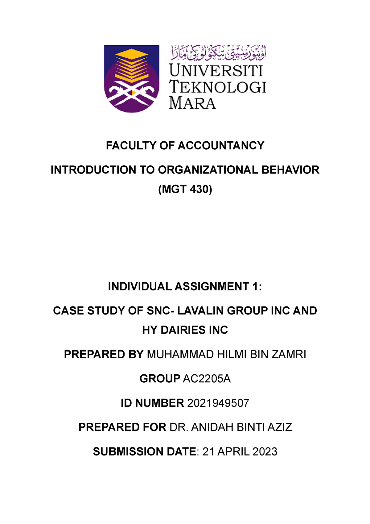 MGT430 CASE Study Assignment 2021949507 5a - FACULTY OF ACCOUNTANCY ...