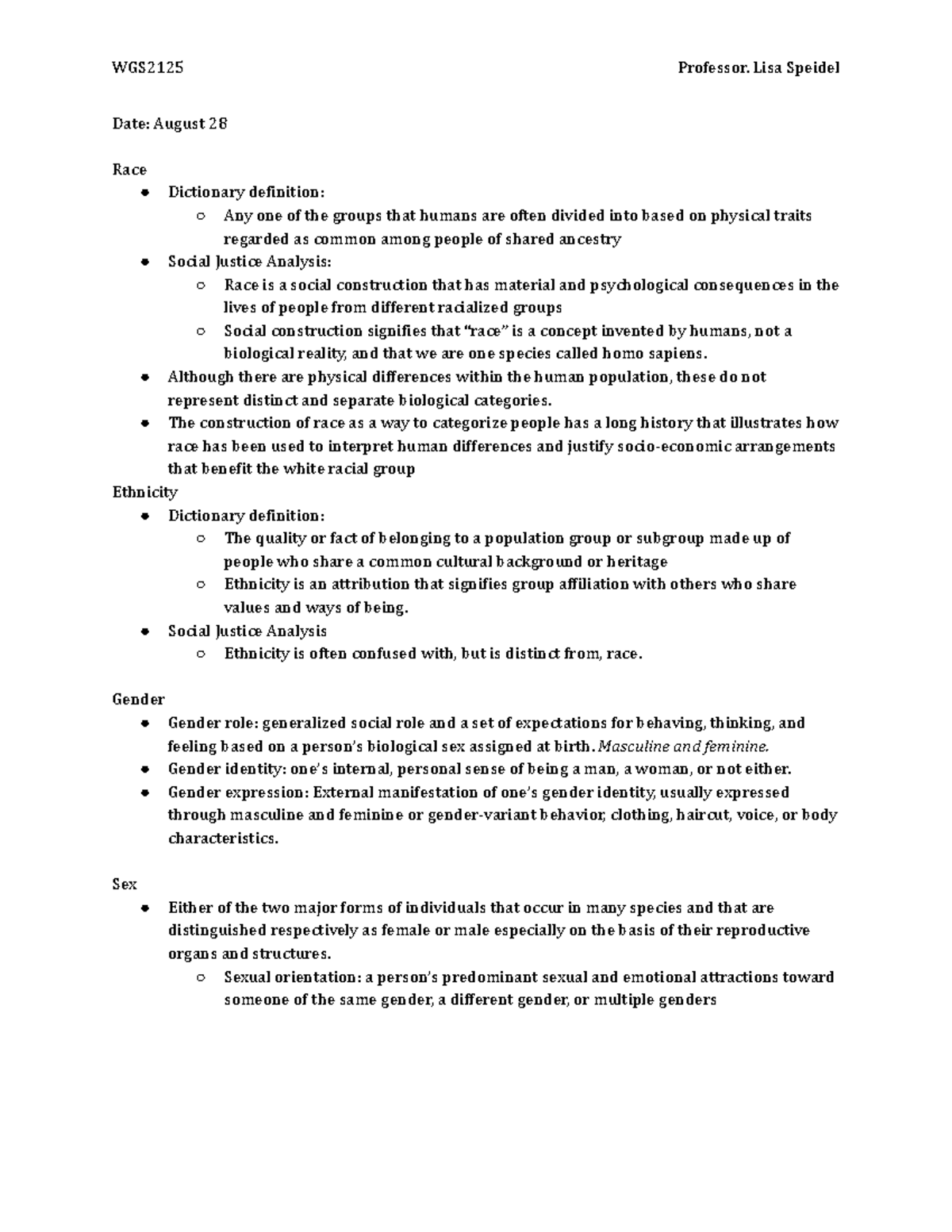 WGS2125 Chapter 1 Date August 28 Race Dictionary definition Any