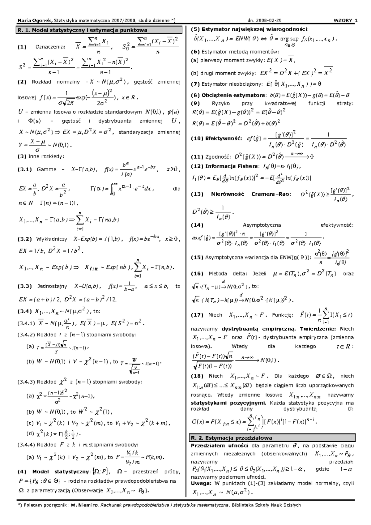 Wzory Ogonek Asfasafas Model Statystyczny Estymacja Punktowa Oznaczenia Xn Studocu