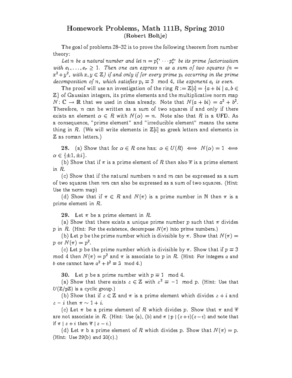 Homework Problems 6 Math 111B, Spring 2010(Robert Boltje) - .. , er≥ 1 ...