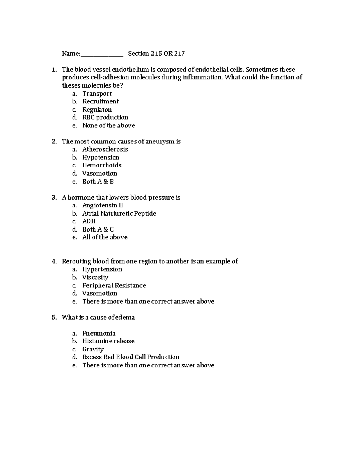 Practice Quiz 6 SCB203 - Name:_________________ Section 215 OR 217 The ...