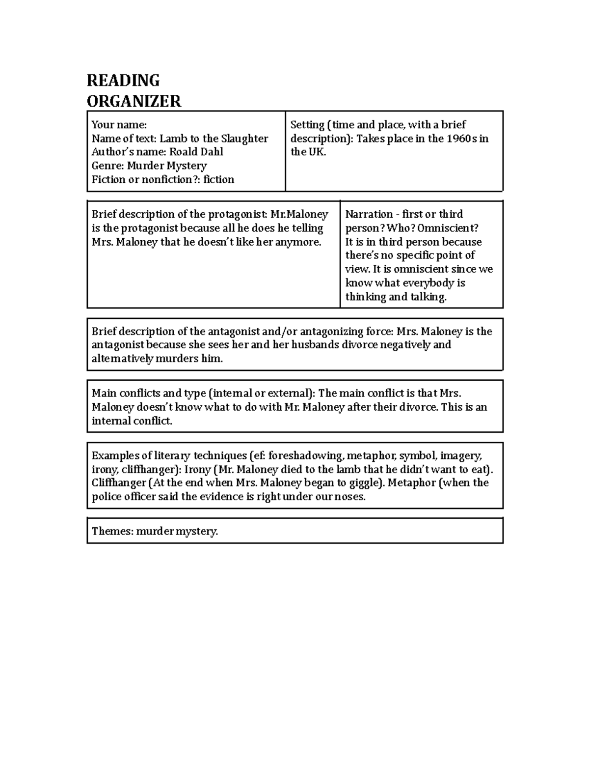 Reading Organizer notes READING ORGANIZER Your name Name of text