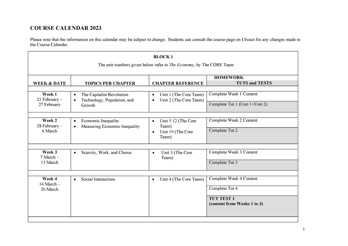 Course Calendar 2023 Economic Theory 1A COURSE CALENDAR 2023 Please