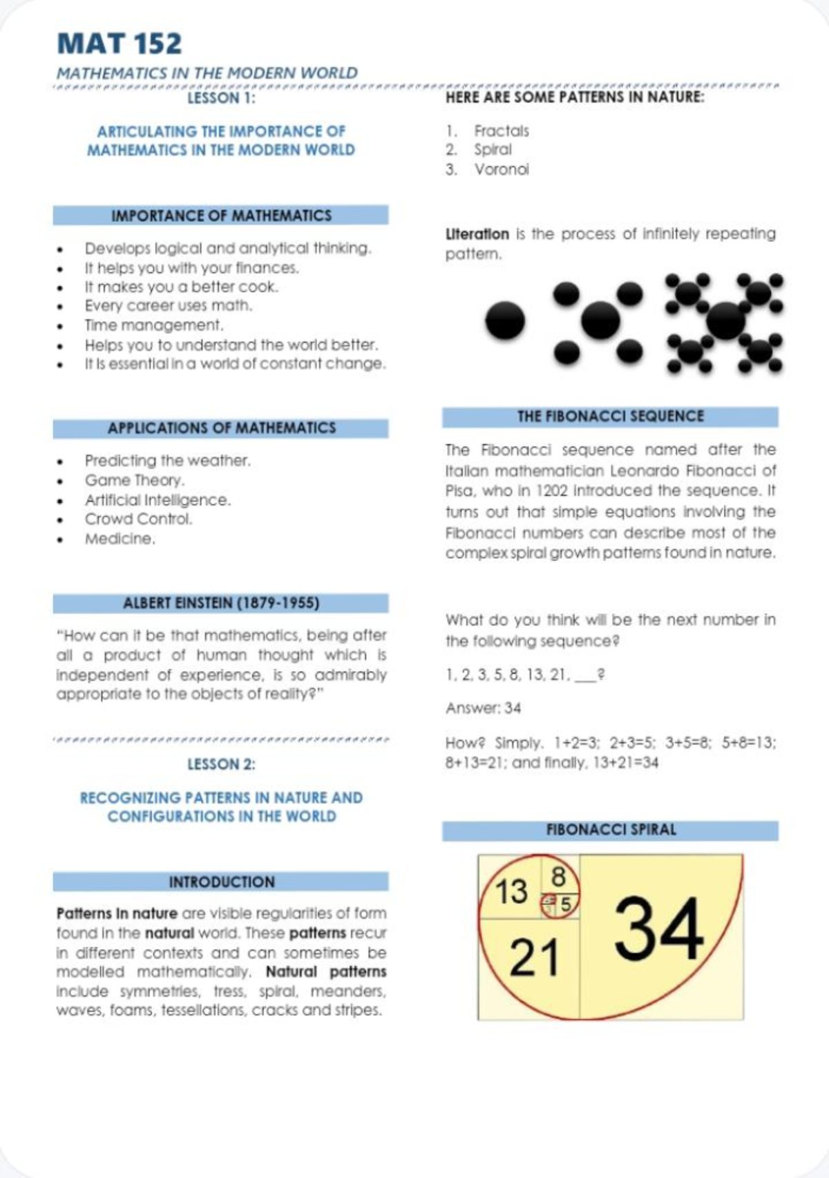 MAT 152 - Summary Mathematics in the Modern World - MAT 152 MATHEMATICS ...