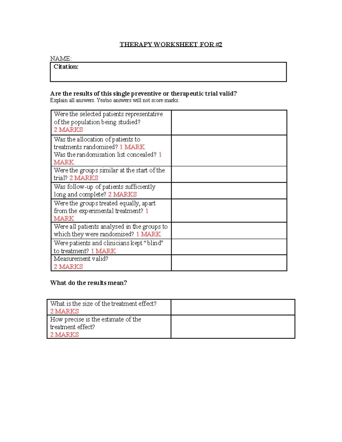 RCT assignment worksheet - THERAPY WORKSHEET FOR NAME