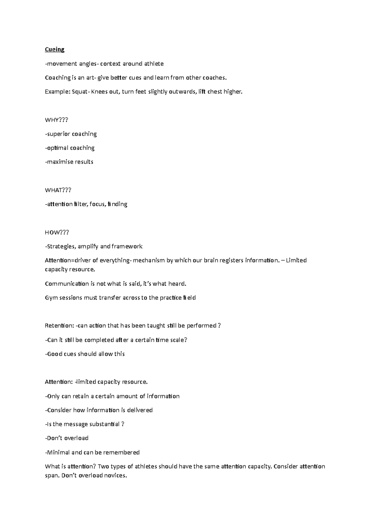 Cues - Lecture notes 1 - Cueing -movement angles- context around ...