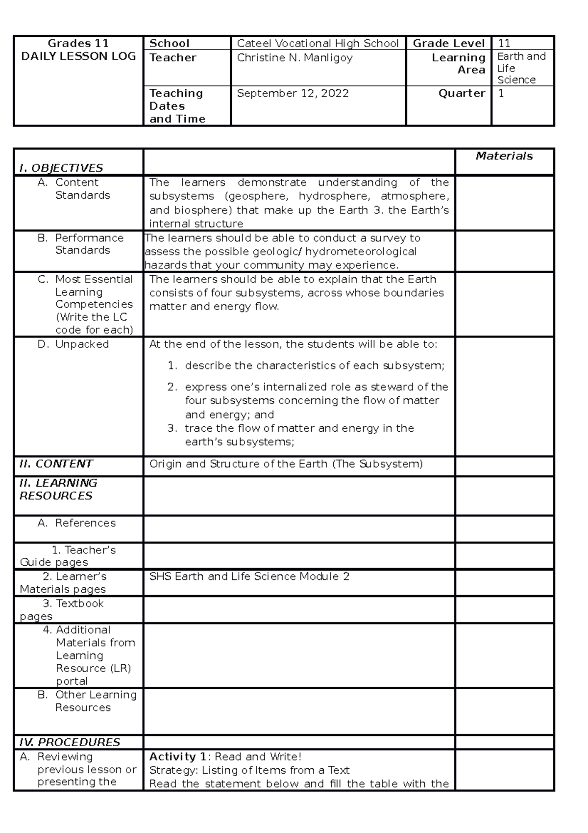 DLL-The Subsystems of the Earth - Grades 11 DAILY LESSON LOG School ...