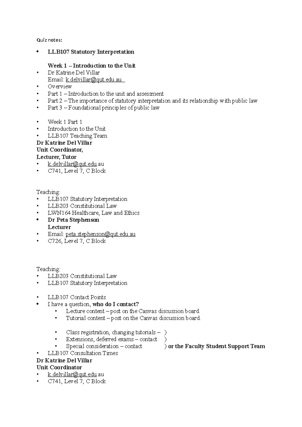 Quiz notes - Quiz notes: LLB107 Statutory Interpretation Week 1 ...