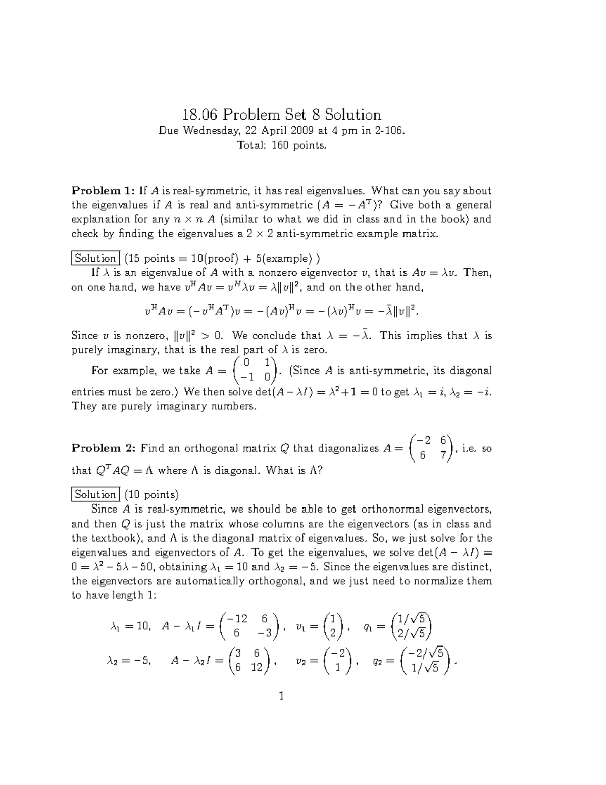 Pset8s09soln Math 18 Problem Set 8 Solution Due Wednesday, 22