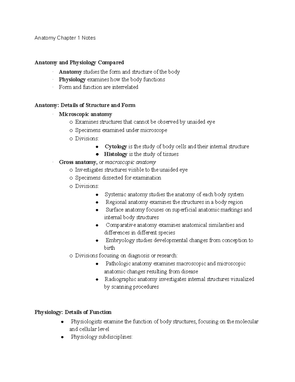 BMS 250 Chapter 1 Notes - Anatomy Chapter 1 Notes Anatomy And ...