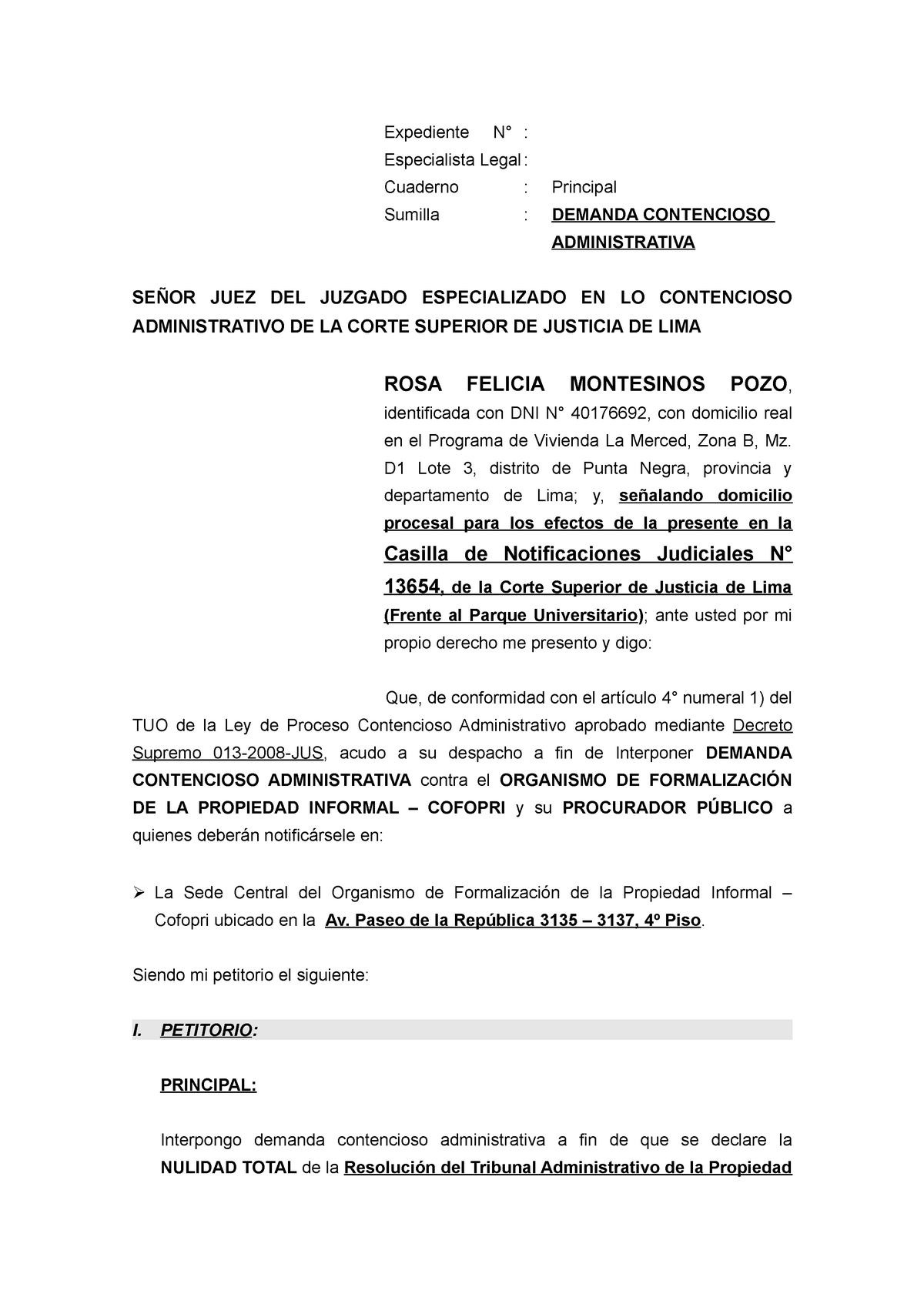 MODELO DE Demanda Contencioso Administrativa CONTRA COFOPRI - Derecho  Procesal Administrativo - Studocu